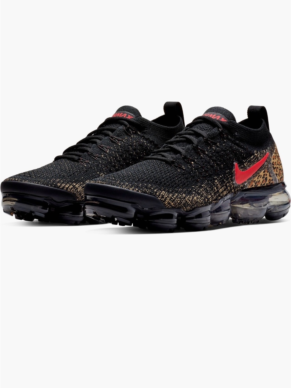 Nike Air VaporMax Flyknit 2 Black Sneakers with Leopard Heel & Red Swoosh size 8